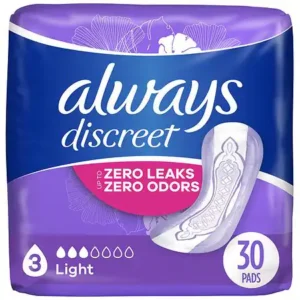 Always Discreet Adult Incontinence Pads for Women, Postpartum Pads No scent, Light Absorbency, Regular Length, 30.0 ea
